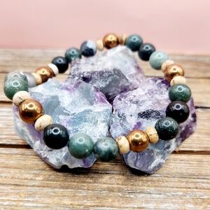 Moss Agate, Picture Jasper, and Copper Hematite Beaded Bracelet